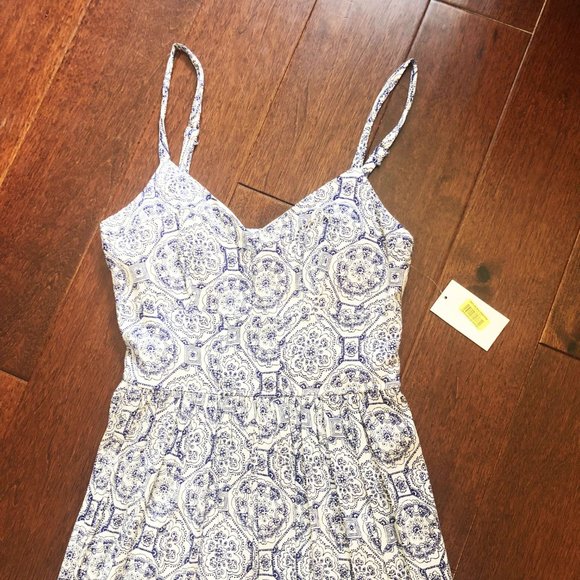 B.Darlin Paisley Print Corset Waist Fit-And-Flare Dress / Navy Blue & White - Picture 4 of 11